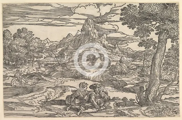Landscape with a woman seated next to a man playing a hurdy-gurdy, ca. 1540. Creator: Domenico Campagnola.