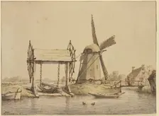 Landscape with a boat lift and a mill, 17th century. Creator: Anthonie van Borssom