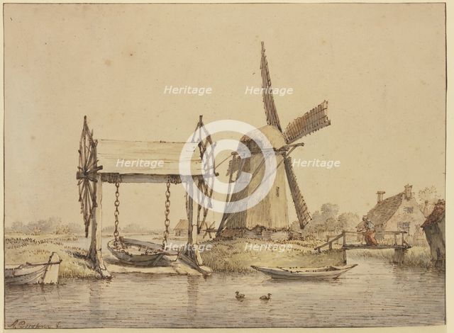 Landscape with a boat lift and a mill, 17th century. Creator: Anthonie van Borssom.