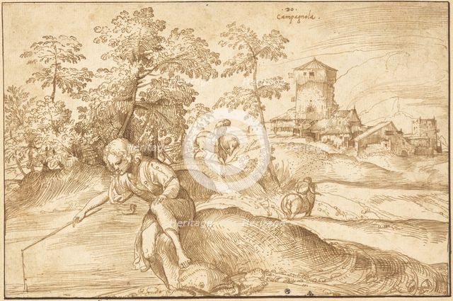 Landscape with a Boy Fishing, c. 1516. Creator: Domenico Campagnola.