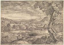 Landscape with a brick factory in the middle ground, a standing man in the foreground p..., 1626-80. Creator: Giovanni Francesco Grimaldi