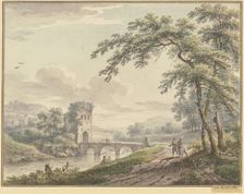 Landscape with a bridge and tower; to the right, under a tree, a couple with a dog, 1760. Creator: Johann Heinrich Muntz