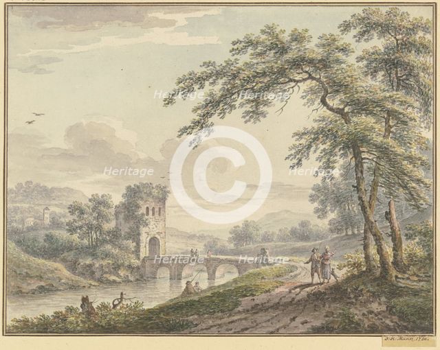Landscape with a bridge and tower; to the right, under a tree, a couple with a dog, 1760. Creator: Johann Heinrich Muntz.