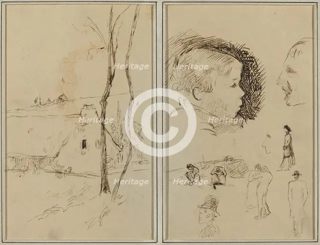 Landscape with a Cottage; Profile of Boy, Profile of Man, Two Women..., [verso], 1884-1888. Creator: Paul Gauguin.