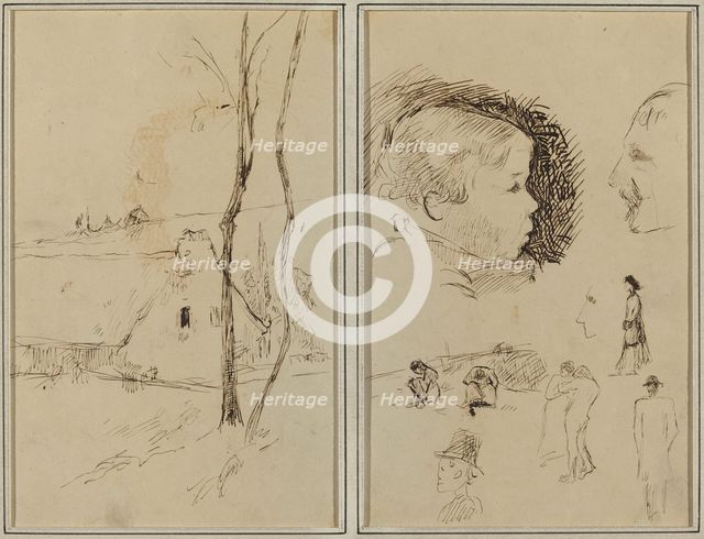Landscape with a Cottage; Profile of Boy, Profile of Man, Two Women..., [verso], 1884-1888. Creator: Paul Gauguin.
