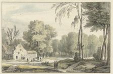 Landscape with a covered wagon outside farm buildings, 1637-1692. Creator: Roelant Roghman