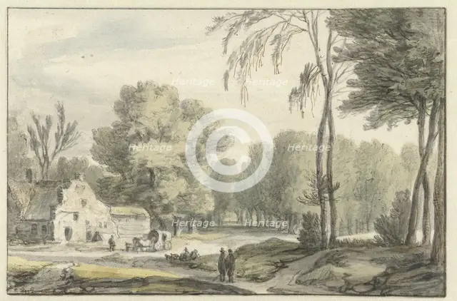 Landscape with a covered wagon outside farm buildings, 1637-1692. Creator: Roelant Roghman.
