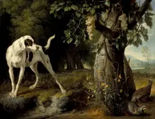 Landscape with a Dog and Partridges, 1719. Artist: Desportes, Alexandre François (1661-1743)