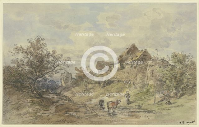 Landscape with a farmstead, two Cows with a farmer's wife in the foreground, 1888. Creator: Anton Burger.