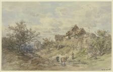 Landscape with a farmstead, two Cows with a farmer's wife in the foreground, 1888. Creator: Anton Burger