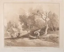 Landscape with a Figure Carrying a Bundle of Branches, a Copice Behind, Two Cows i..., May 21, 1789. Creator: Thomas Rowlandson