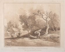 Landscape with a Figure Carrying a Bundle of Branches, a Copice Behind, Two Cows i..., May 21, 1789. Creator: Thomas Rowlandson