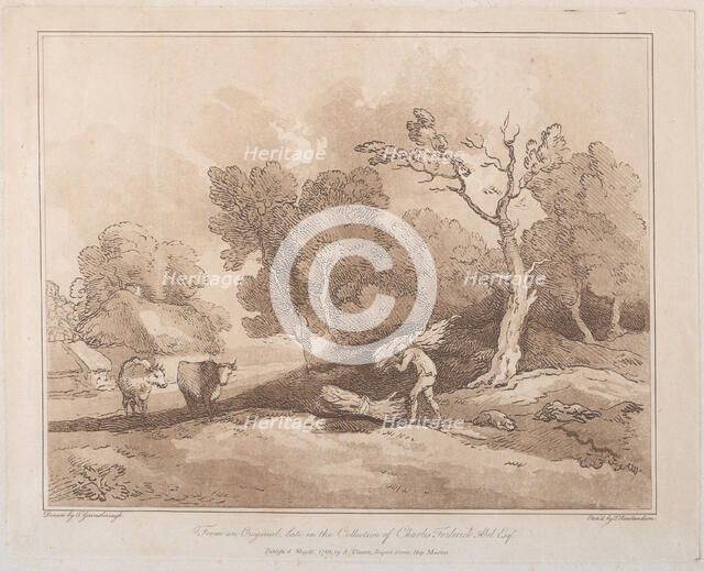 Landscape with a Figure Carrying a Bundle of Branches, a Copice Behind, Two Cows i..., May 21, 1789. Creator: Thomas Rowlandson.