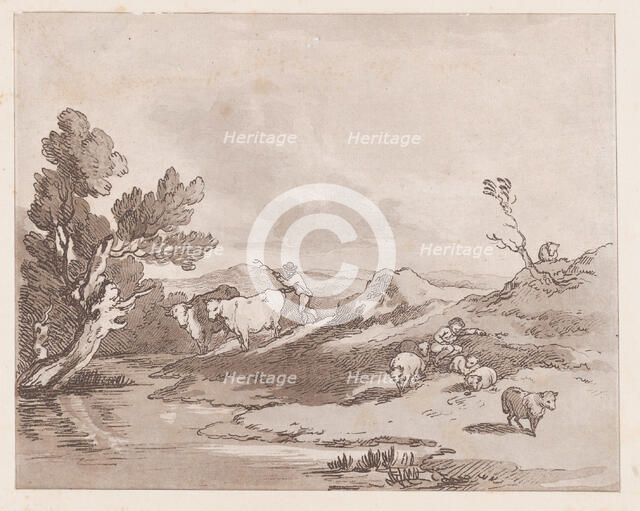 Landscape with a Figure Herding Cattle to Water, May 21, 1789., May 21, 1789. Creator: Thomas Rowlandson.