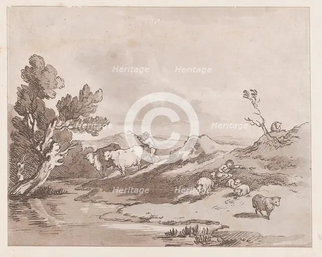 Landscape with a Figure Herding Cattle to Water, May 21, 1789., May 21, 1789. Creator: Thomas Rowlandson.
