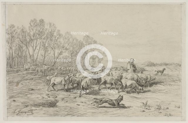 Landscape with a Flock of Sheep, 1800s. Creator: Charles-Émile Jacque (French, 1813-1894).