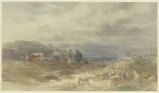 Landscape with a flock of sheep and an ox-drawn cart, 1881. Creator: Anton Burger