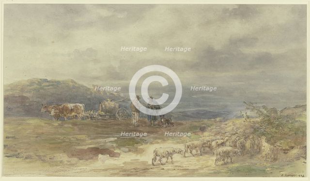 Landscape with a flock of sheep and an ox-drawn cart, 1881. Creator: Anton Burger.