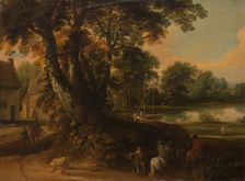 Landscape with a Group of Trees at the Shore of a Lake, Three Riders on the Road..., c1664-1670. Creator: Jacques d'Arthois