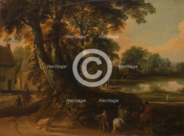 Landscape with a Group of Trees at the Shore of a Lake, Three Riders on the Road..., c1664-1670. Creator: Jacques d'Arthois.