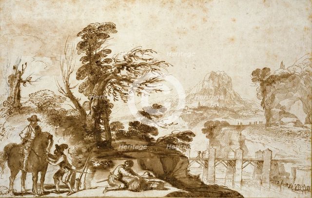 Landscape with a Horseman and a Bridge, early 17th century. Artist: Guercino.