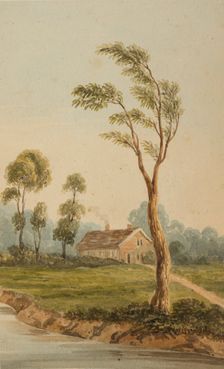 Landscape with a house and trees on a river bank, c1812-1838. Creator: William Lewis