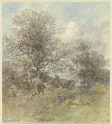 Landscape with a hunter and a farmer loading wood, 1881. Creator: Anton Burger