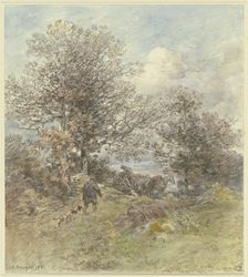 Landscape with a hunter and a farmer loading wood, 1881. Creator: Anton Burger