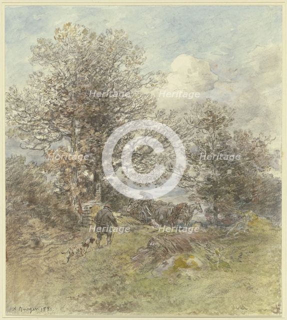 Landscape with a hunter and a farmer loading wood, 1881. Creator: Anton Burger.