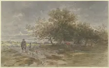 Landscape with a hunter and a farmer plowing a field, 1882. Creator: Anton Burger