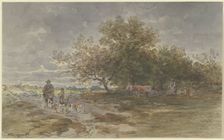 Landscape with a hunter and a farmer plowing a field, 1882. Creator: Anton Burger