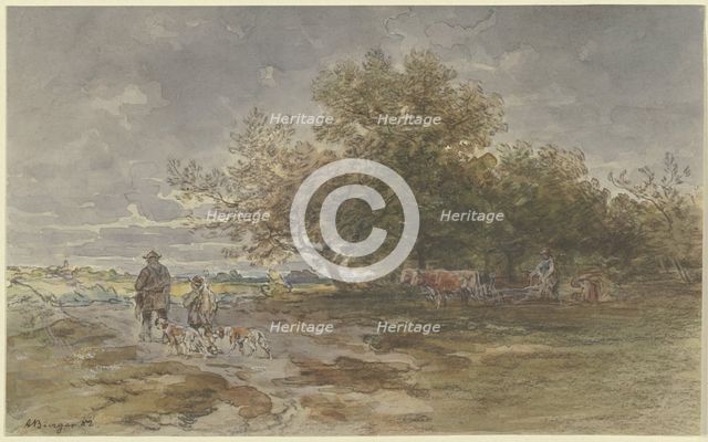 Landscape with a hunter and a farmer plowing a field, 1882. Creator: Anton Burger.