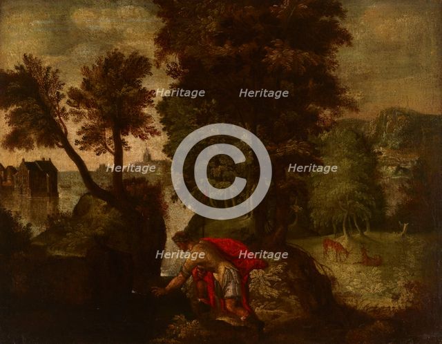 Landscape with a Kneeling Knight (Theseus?), 1st half of 17th century. Creator: Unknown.