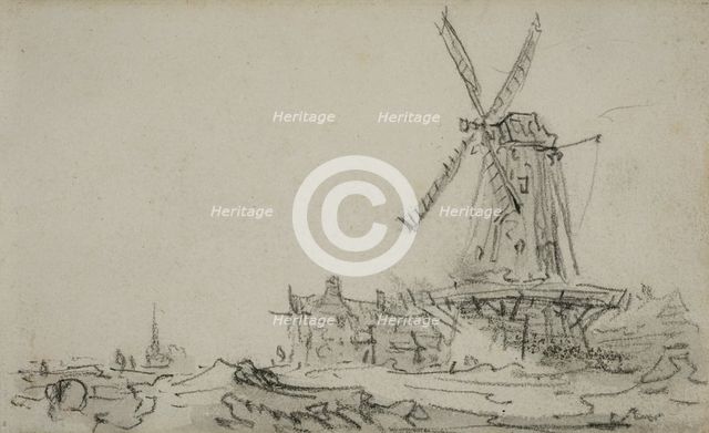 Landscape with a large windmill by a farm, in the distance in the background a..., ca 1650–1651. Creator: Unknown.