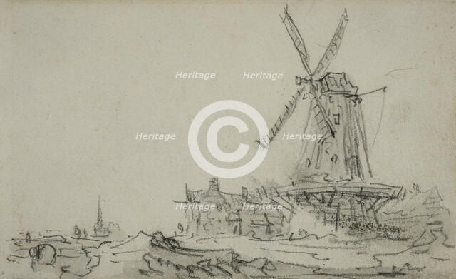 Landscape with a large windmill by a farm, in the distance in the background a..., ca 1650–1651. Creator: Unknown.