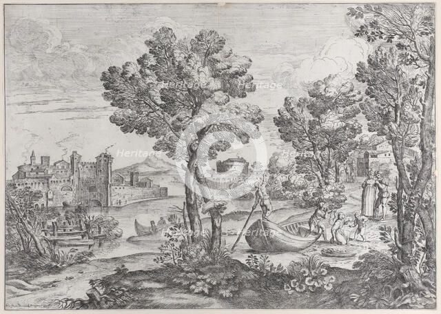 Landscape with a man holding a snake to a terrified child, watched by a fashionably dre..., 1626-80. Creator: Giovanni Francesco Grimaldi.