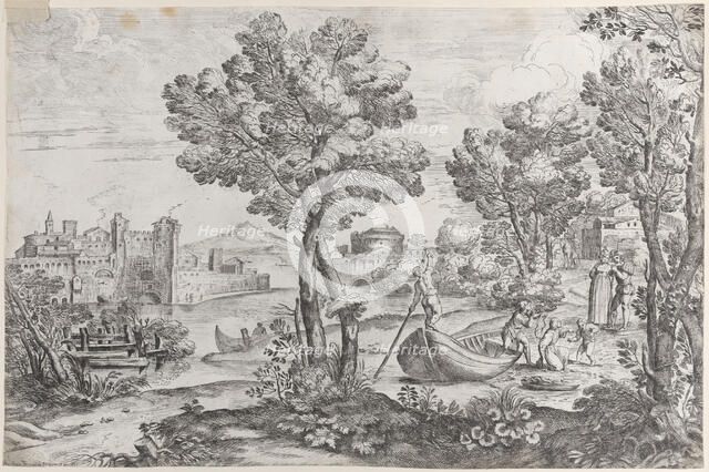 Landscape with a man holding a snake to a terrified child, watched by a fashionably dre..., 1626-80. Creator: Giovanni Francesco Grimaldi.