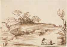 Landscape with a Man Leaning on a Bale, c. 1640. Creator: Guercino (Italian, 1591-1666)