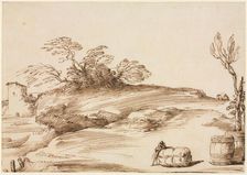 Landscape with a Man Leaning on a Bale, c. 1640. Creator: Guercino (Italian, 1591-1666)