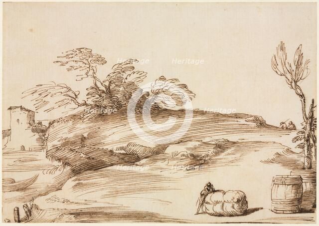 Landscape with a Man Leaning on a Bale, c. 1640. Creator: Guercino (Italian, 1591-1666).