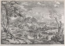 Landscape with a man showing Mercury the eagle of Jupiter, ca. 1695-99. Creator: Crescenzio Onofri