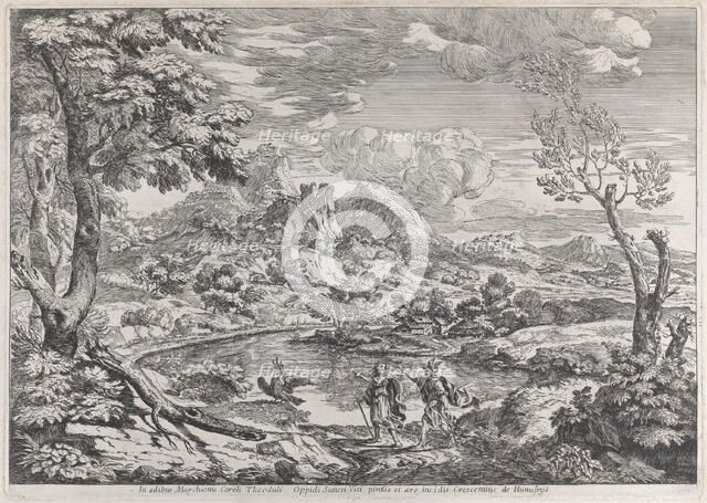 Landscape with a man showing Mercury the eagle of Jupiter, ca. 1695-99. Creator: Crescenzio Onofri.