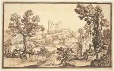 Landscape with a Man Resting, Farm Houses, and a Castle. Creator: Remigio Cantagallina