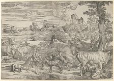 Landscape with a milkmaid at right and a boy at left, ca. 1535-40., ca. 1535-40. Creator: Nicolo Boldrini