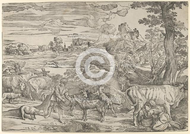 Landscape with a milkmaid at right and a boy at left, ca. 1535-40., ca. 1535-40. Creator: Nicolo Boldrini.