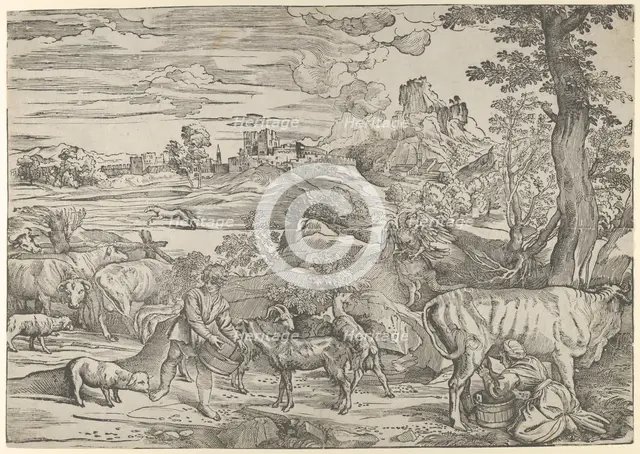 Landscape with a milkmaid at right and a boy at left, ca. 1535-40., ca. 1535-40. Creator: Nicolo Boldrini.