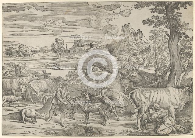 Landscape with a milkmaid at right and a boy at left, ca. 1535-40., ca. 1535-40. Creator: Nicolo Boldrini.