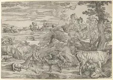 Landscape with a milkmaid at right and a boy at left, ca. 1535-40., ca. 1535-40. Creator: Nicolo Boldrini