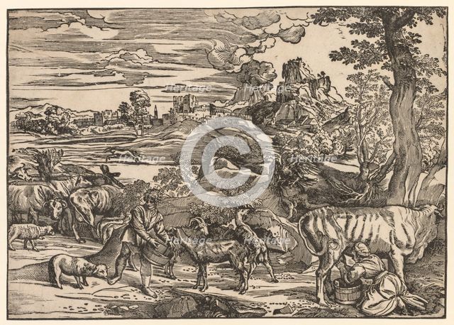 Landscape with a Milkmaid, c. 1525. Creator: Niccolo Boldrini (Italian, c. 1500-aft 1566).