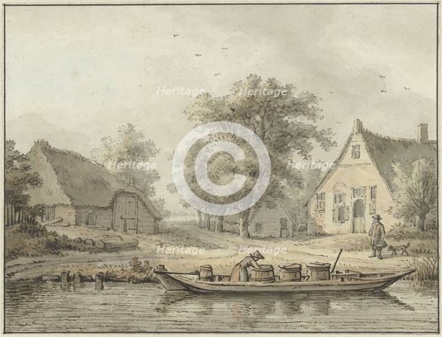 Landscape with a moored barge with barrels, 1756-1826. Creator: Cornelis Buys.